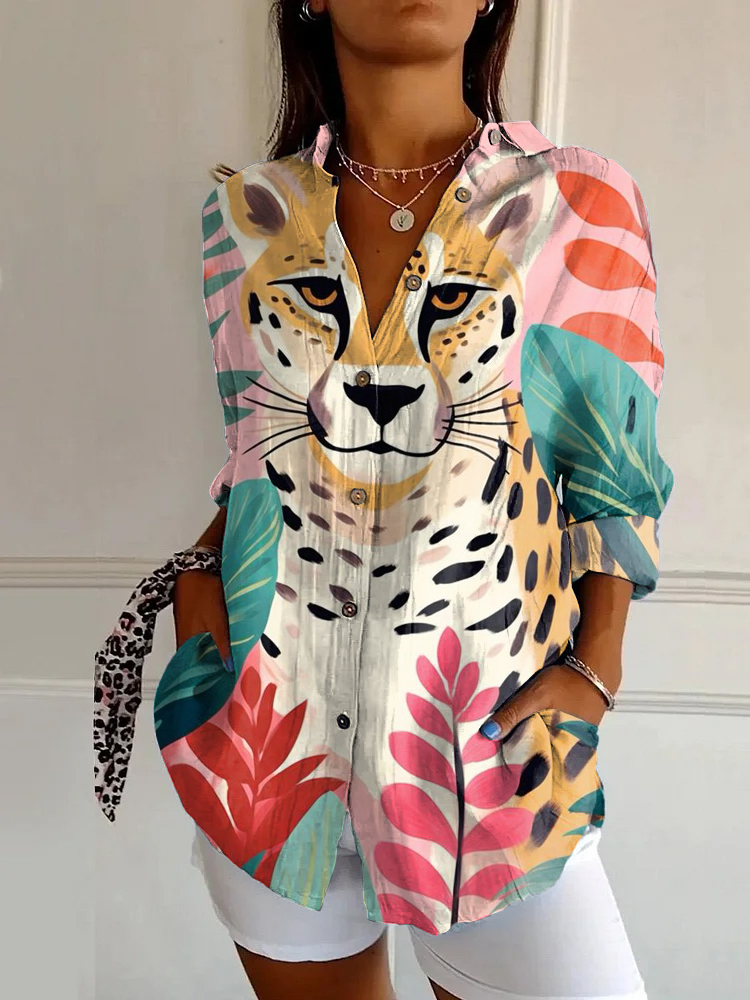 Vintage Leopard Art Print Long Sleeve Shirt
