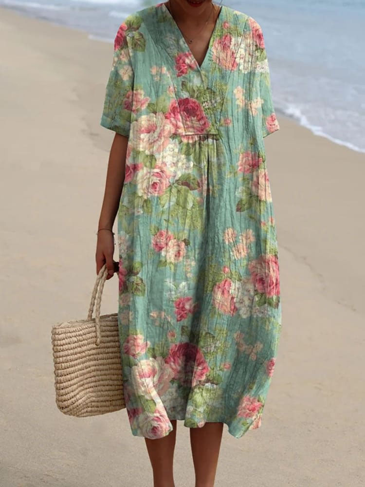 Women's Vintage Lovely Floral Art Print Casual Flowy Dress