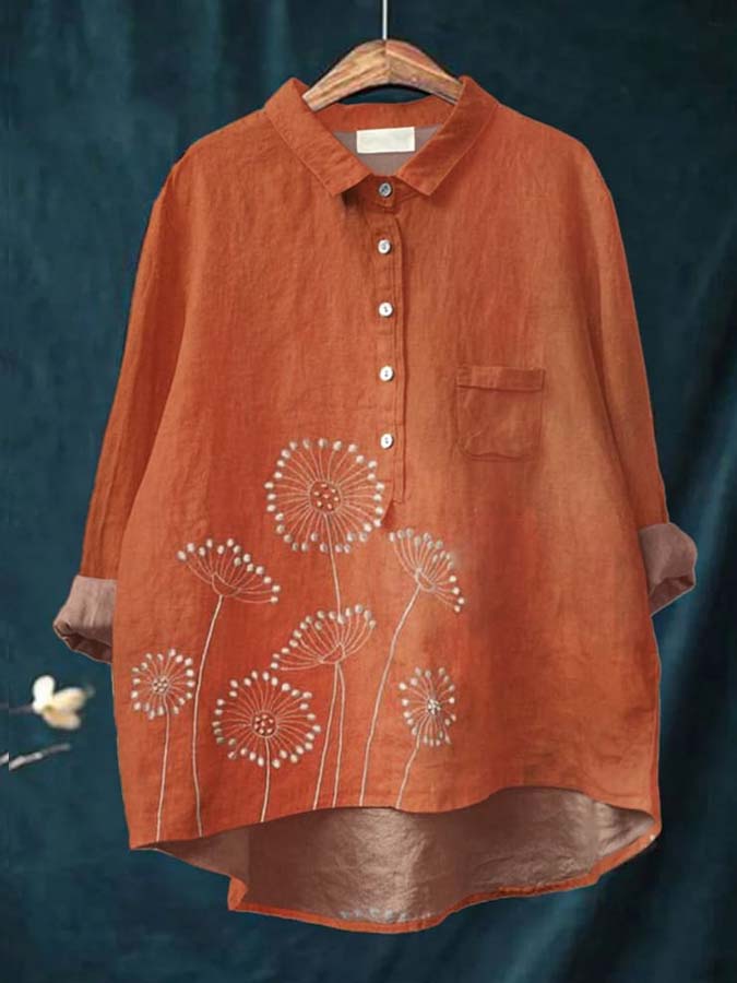 Women's Floral Art Print Casual Cotton And Linen Shirt