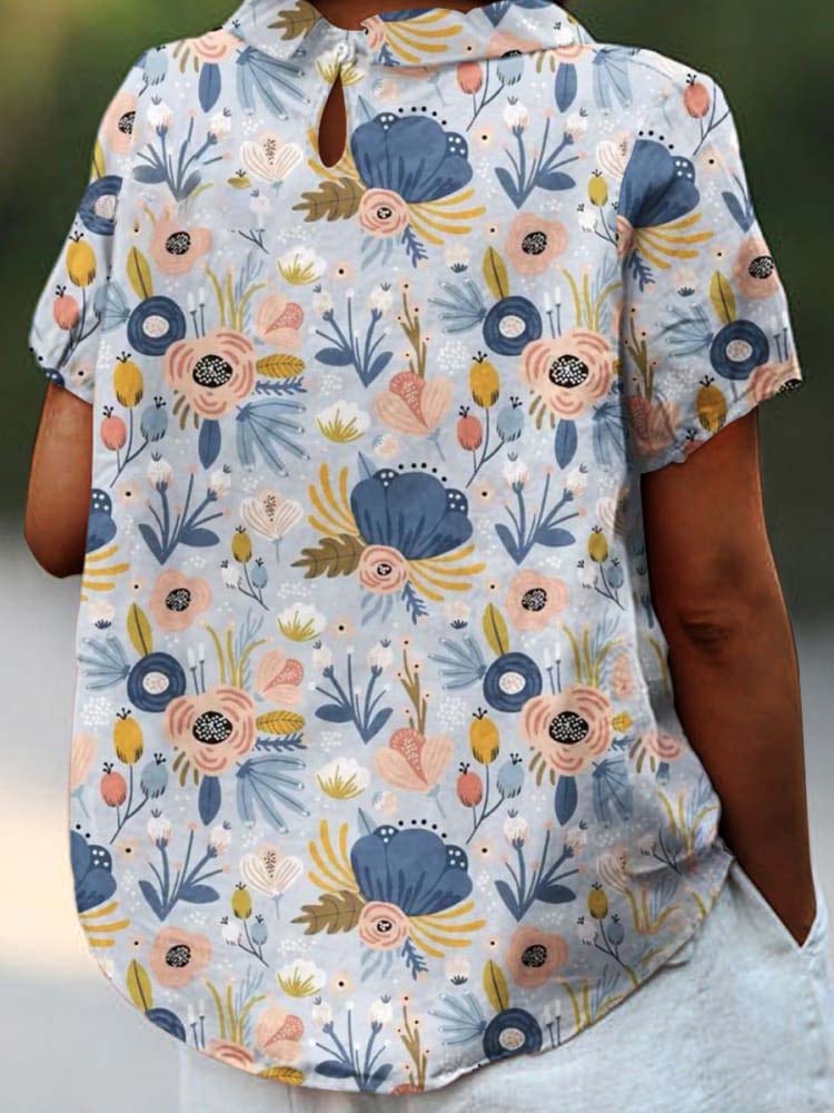 Women's  Flower  Art Print Casual Cotton And Linen Shirt