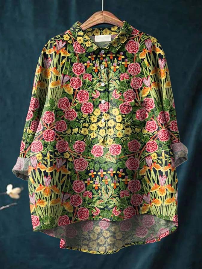 Vintage Floral Art Print Casual Cotton And Linen Shirt