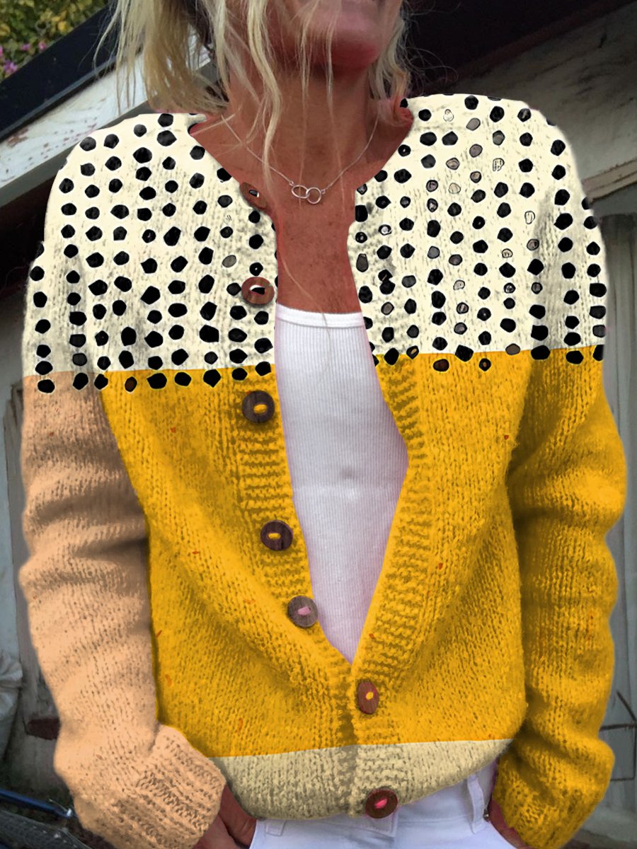 Yellow Color-blocked Dots Art Print Buttoned Cardigan Sweater