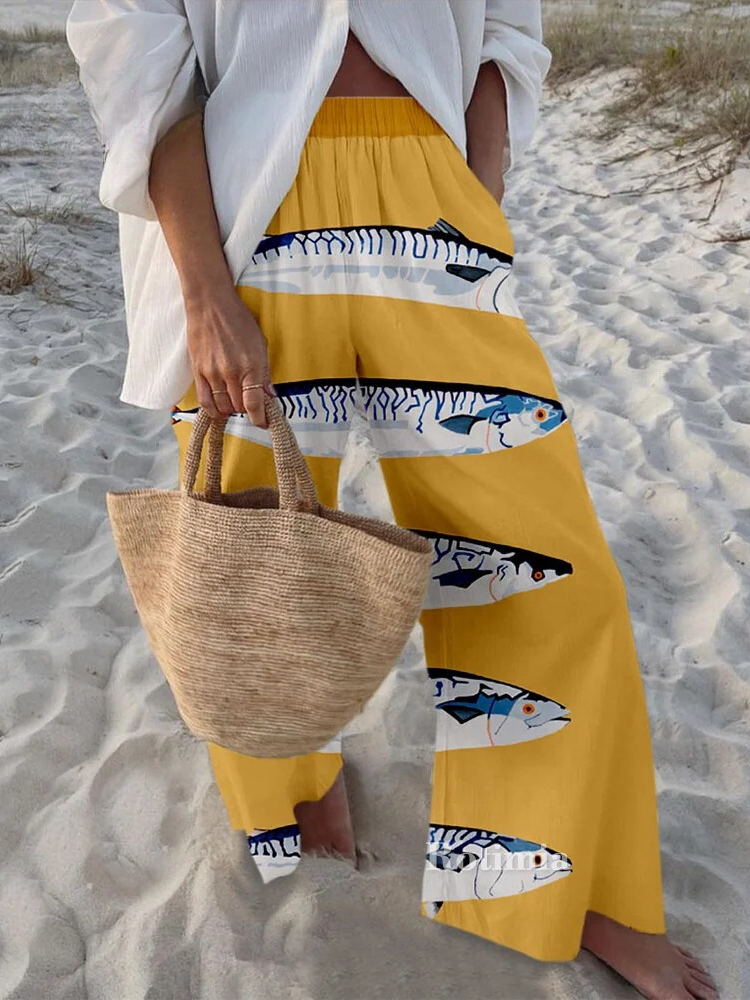 Vintage fish print casual pants