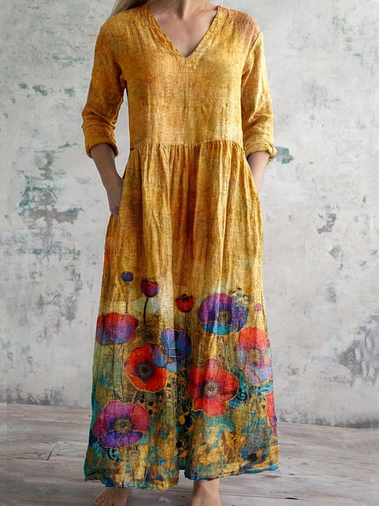 Women's Poppy Floral V-Neck Cotton and Linen Dress With Pockets