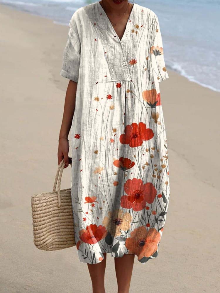 Watercolor Poppy Floral Art Pattern Printed Women's Flowy Dress