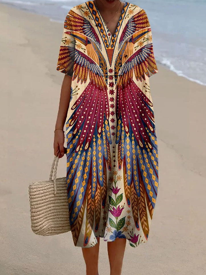 Women's Vintage Bird Print Casual Cotton And Linen Dress