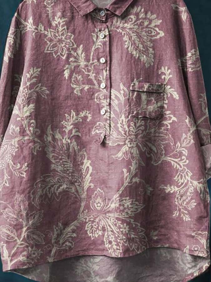 Women's Vintage Floral Art Print Casual Cotton And Linen Shirt