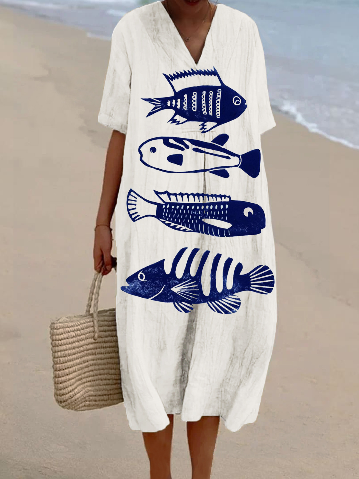 Women's Fish Print Casual Cotton And Linen Dress