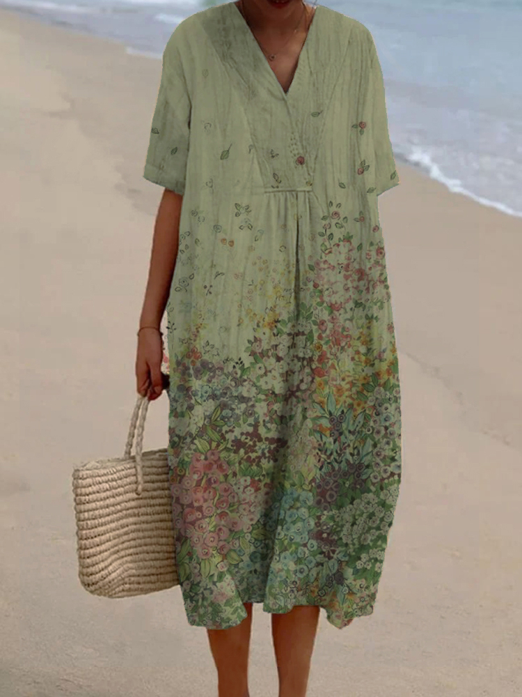 Women's Vintage Flower Print Casual Cotton And Linen Dress