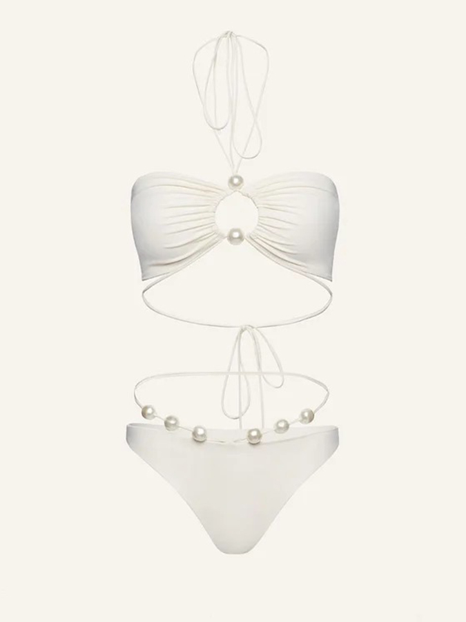 Halterneck Pearl Bandeau High Waist Bikini Swimsuit and Sarong