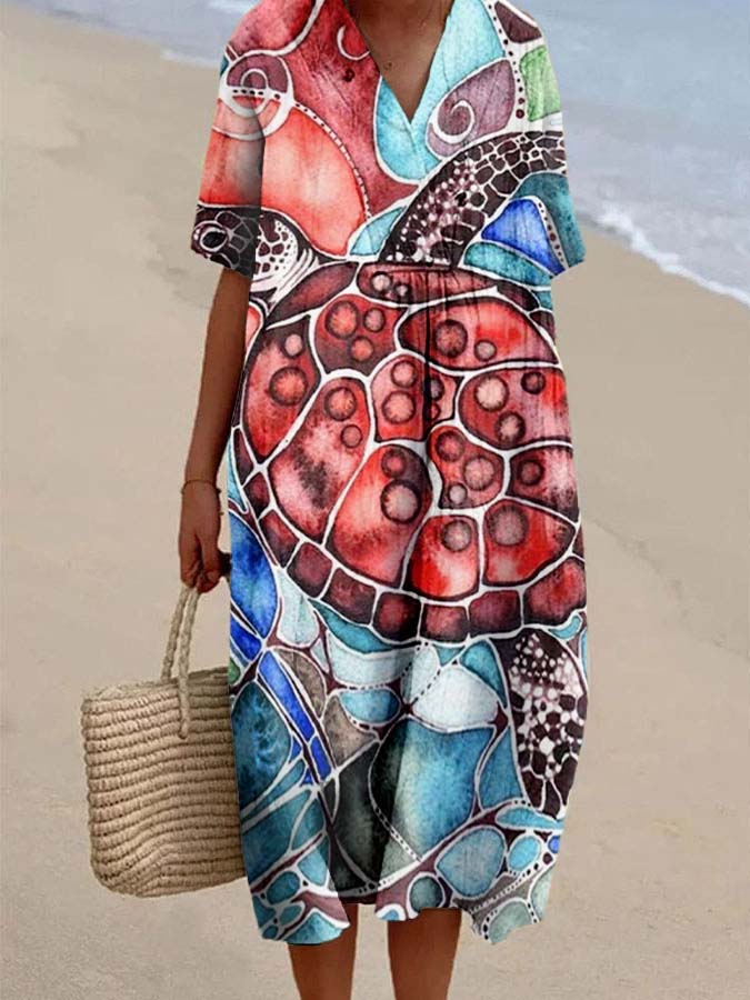 Women's Sea Turtle Colorblock Print Casual Cotton And Linen Dress