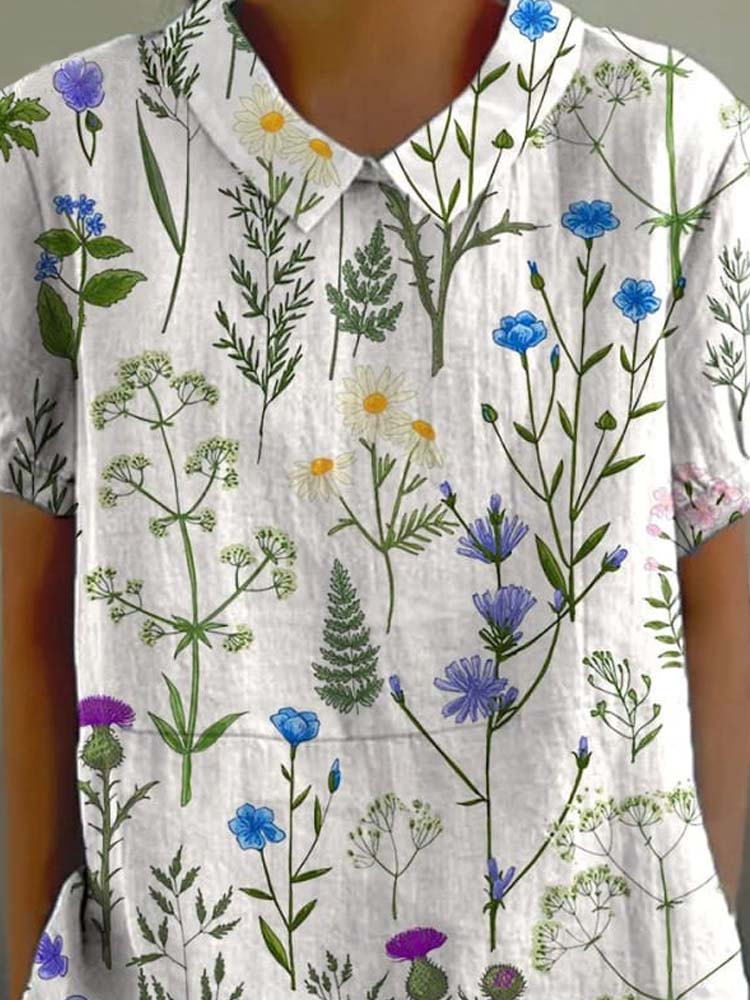 Mixed Floral In Spring Field Pattern Printed Women's Casual Cotton And Linen Shirt