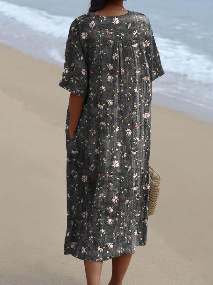 Vintage Style Petite Pink Floral Pattern Printed Women's Flowy Dress