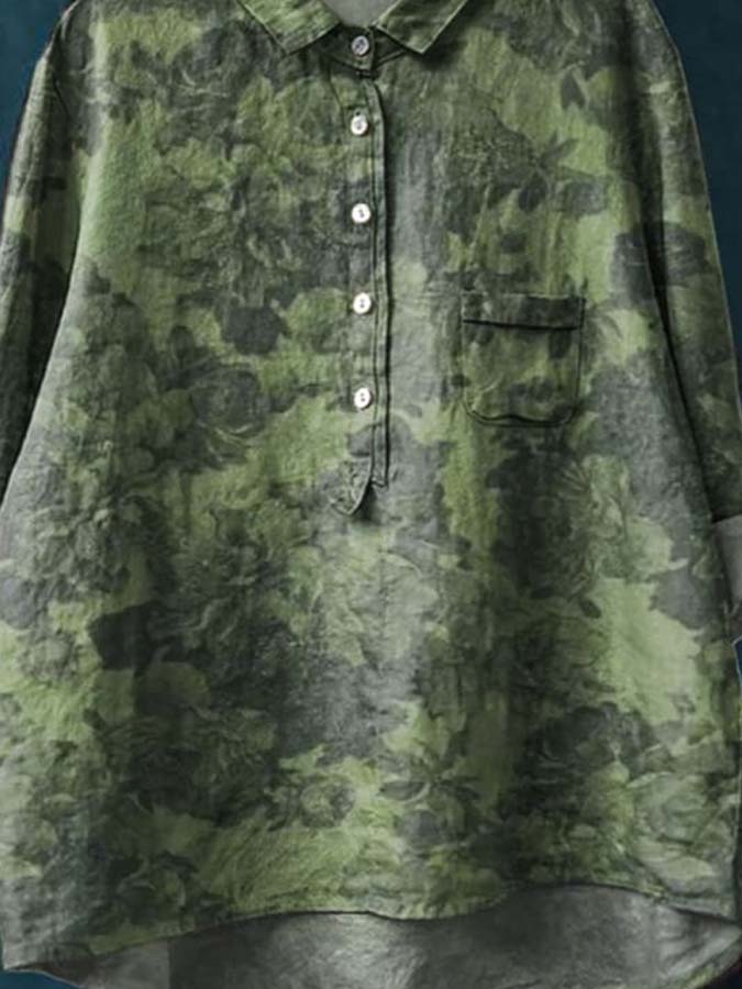 Women's Vintage Floral Art Print Casual Cotton And Linen Shirt