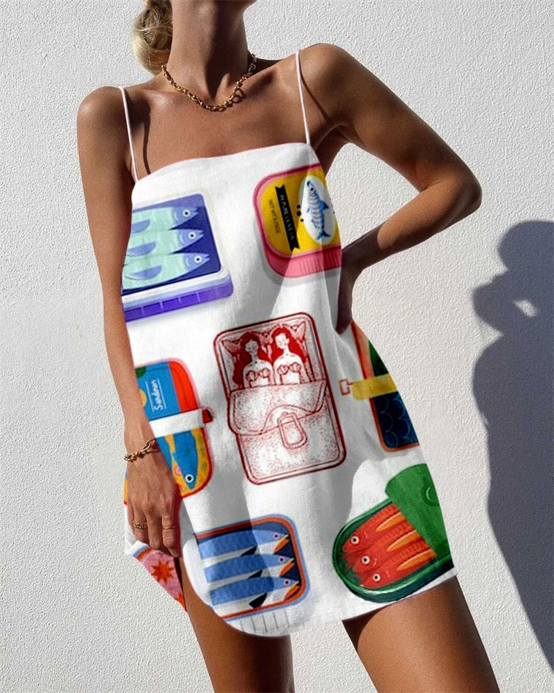 Vintage Canned Fish Print Mini Dress