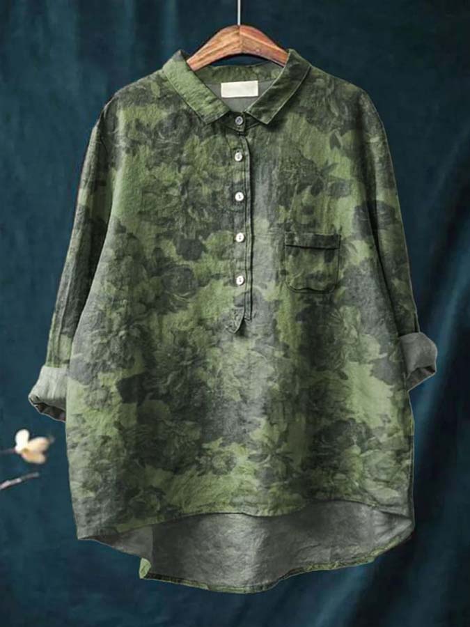 Women's Vintage Floral Art Print Casual Cotton And Linen Shirt