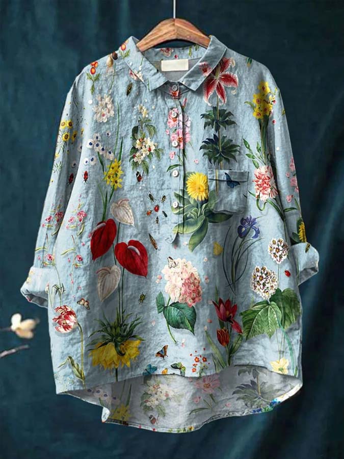 Women's Multicolor Floral Art Print Casual Cotton And Linen Shirt
