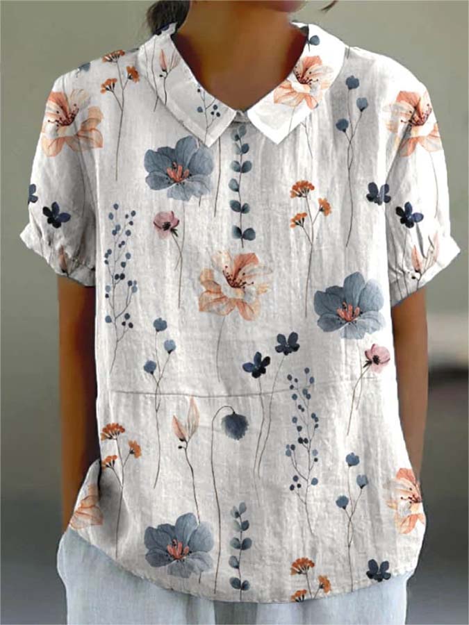 Women's Vintage Floral Art Print Casual Cotton And Linen Shirt