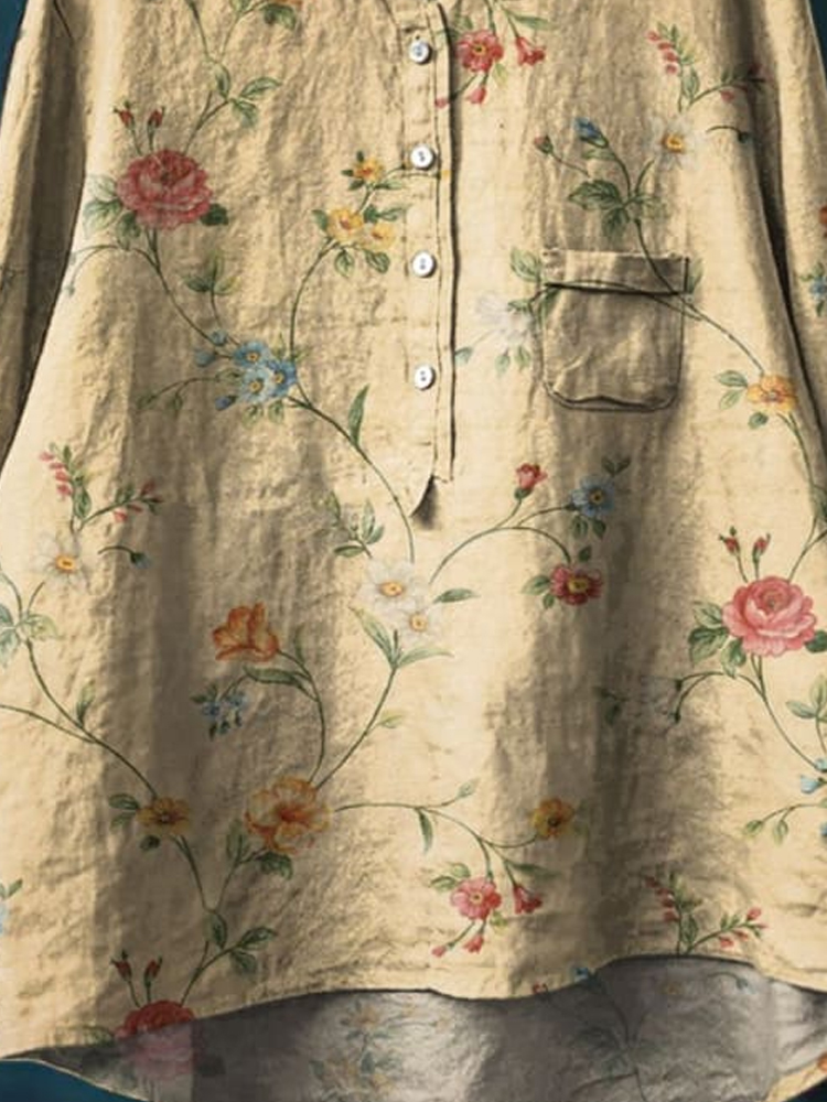 Women's Vintage Floral Art Print Casual Cotton And Linen Shirt