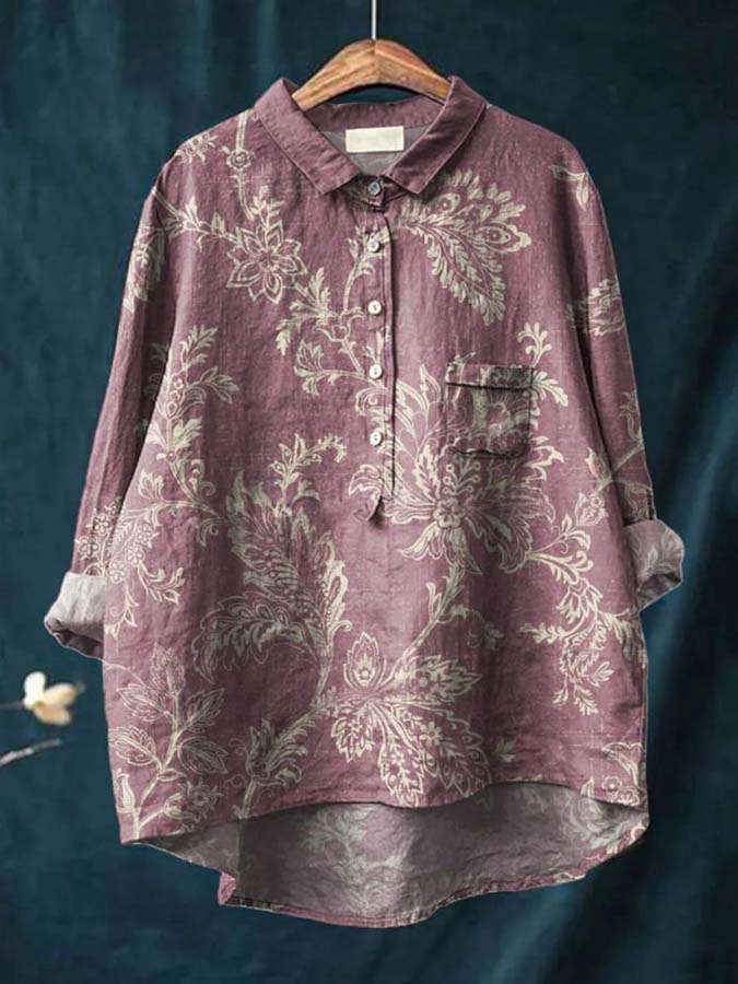 Women's Vintage Floral Art Print Casual Cotton And Linen Shirt