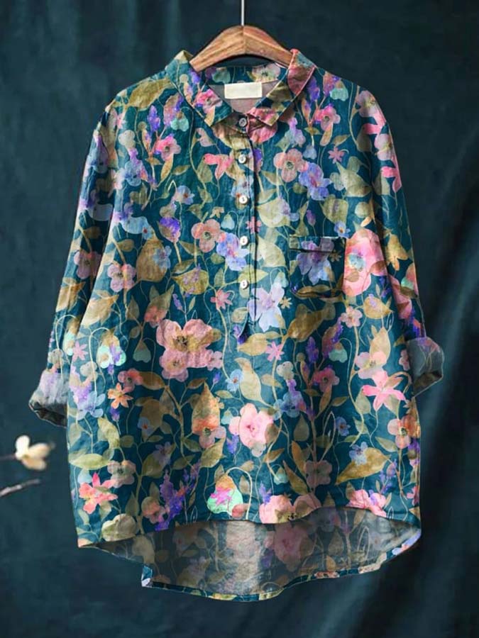 Women's Floral Art Print Casual Cotton And Linen Shirt