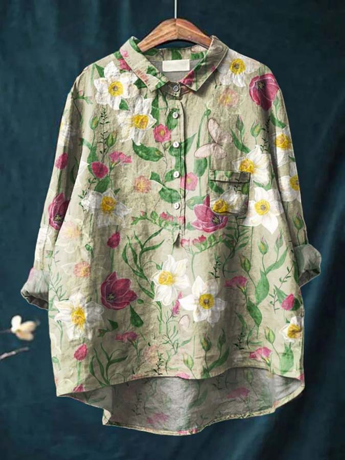 Women's Floral Art Print Casual Cotton And Linen Shirt