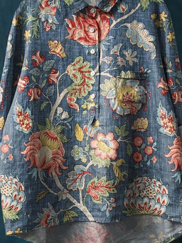 Women's Vintage Floral Art Print Casual Cotton And Linen Shirt