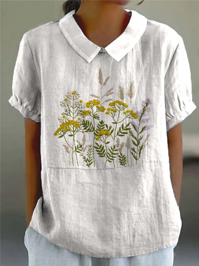 Women's Vintage Floral Art Print Casual Cotton And Linen Shirt