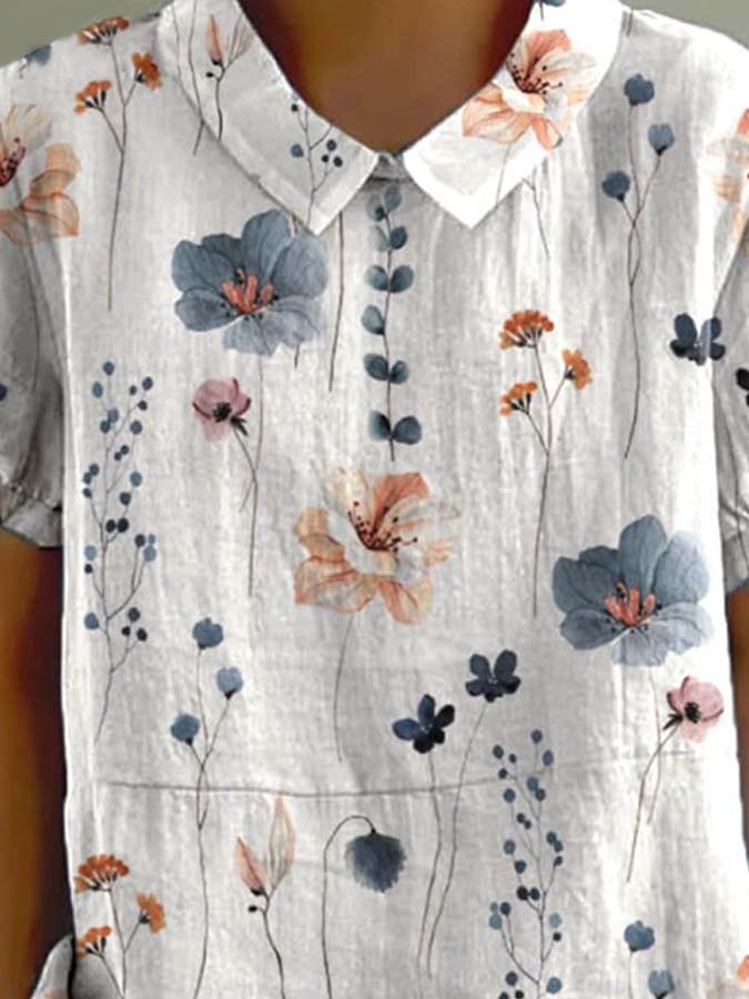 Women's Vintage Floral Art Print Casual Cotton And Linen Shirt