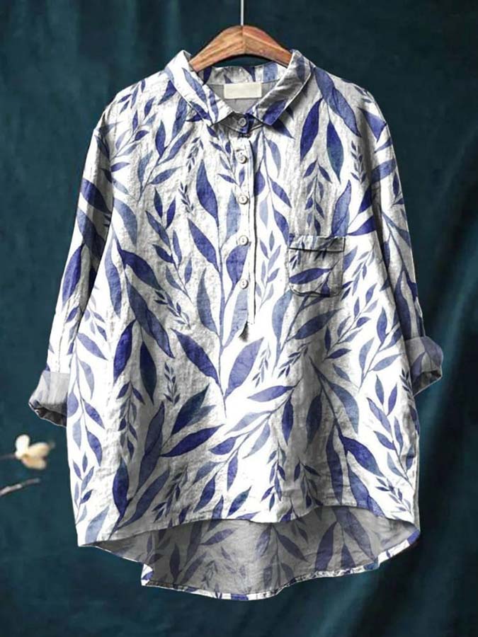 Women's Floral Art Print Casual Cotton And Linen Shirt