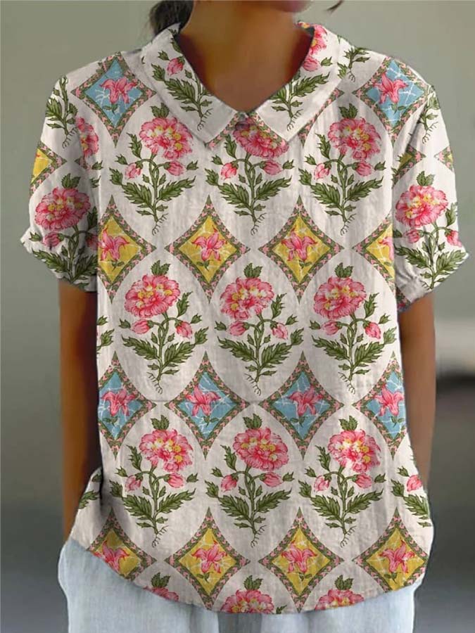 Women's Vintage Floral Art Print Casual Cotton And Linen Shirt