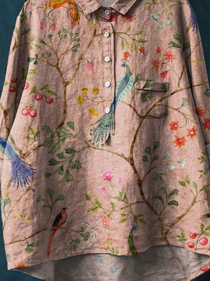 Women's Vintage Ethnic Lovely Birds Floral Art Print Casual Cotton And Linen Shirt