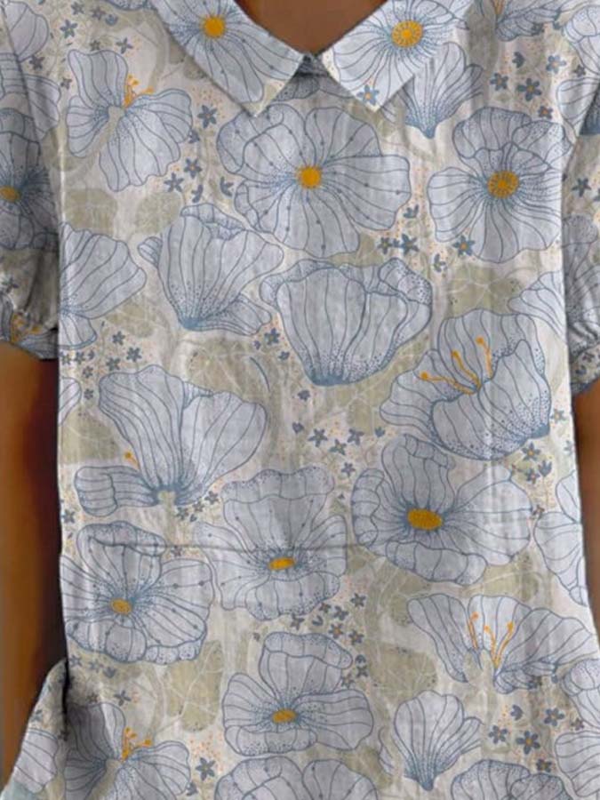 Women's Vintage Floral Art Print Casual Cotton And Linen Shirt