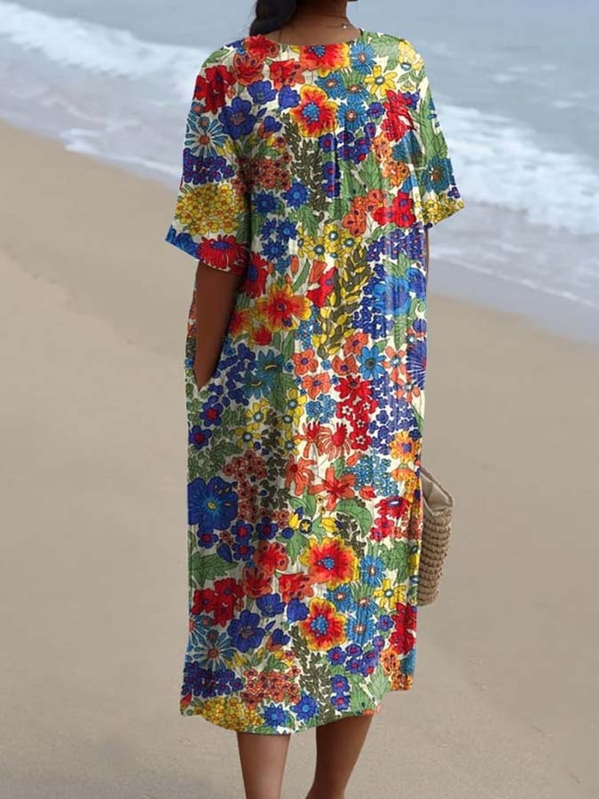 Retro Style Summer Floral Pattern Printed Women's Flowy Dress