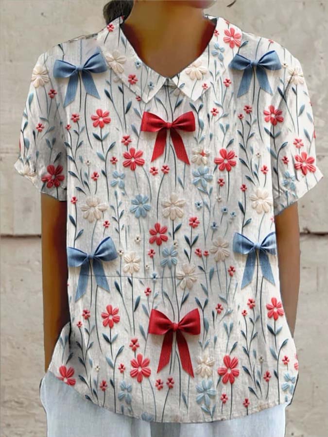 Women's 4th July Independence Day Red White and Blue Patriotic Floral Print Casual Cotton And Linen Shirt