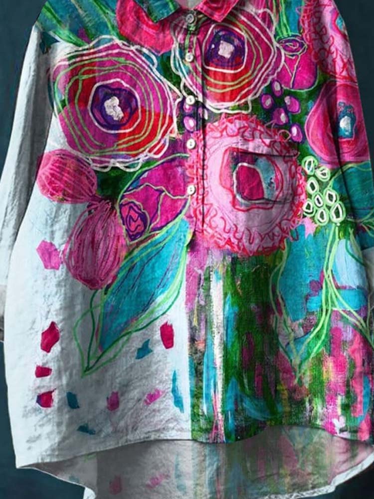 Vintage Lovely Floral Art Print Casual Cotton And Linen Shirt