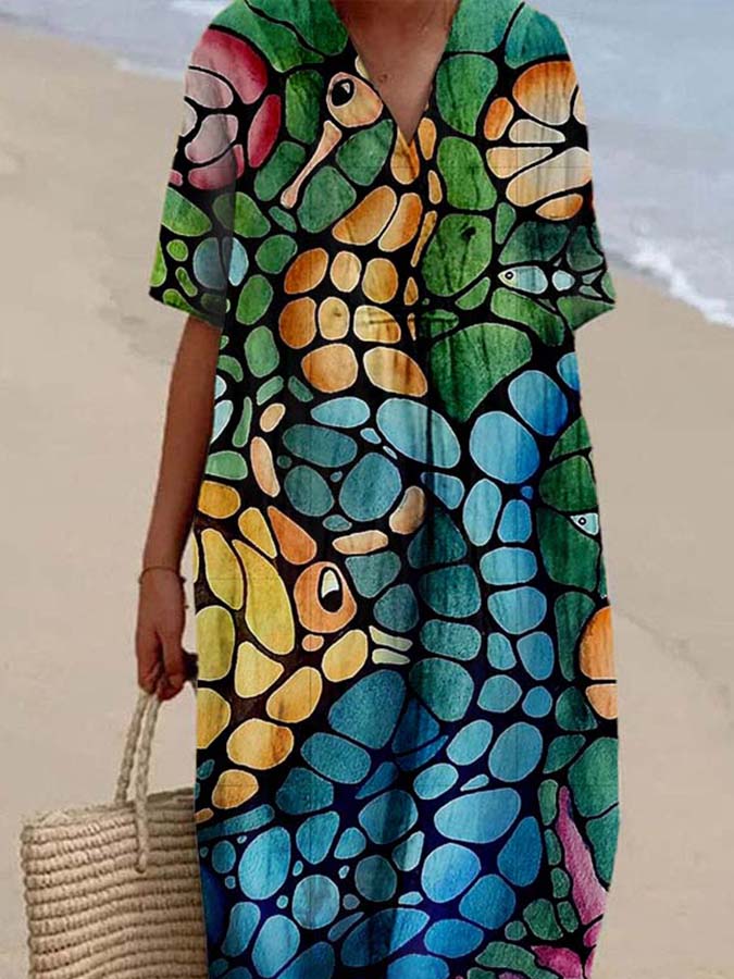 Women's Abstract Colorblock Sea Life Print Casual Cotton And Linen Dress