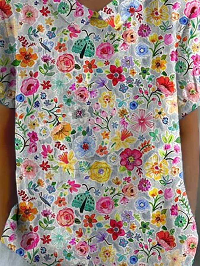 Hand Drawing Style Floral Garden Pattern Printed Women's Casual Cotton And Linen Shirt