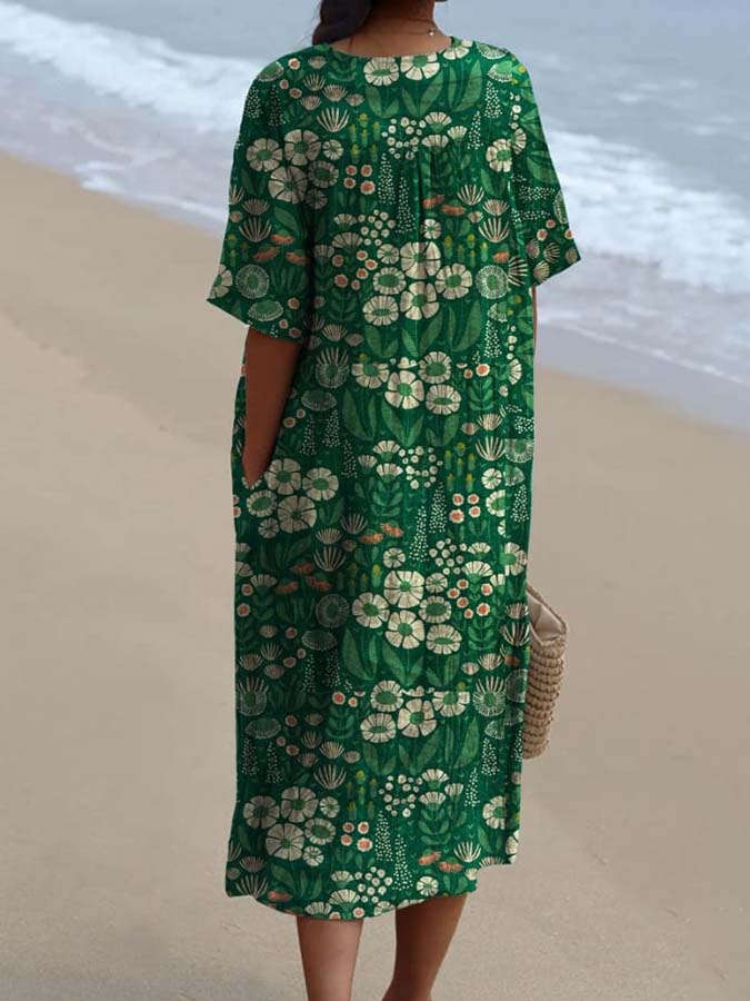 Women's Green Floral Pattern Beach Resort Dress