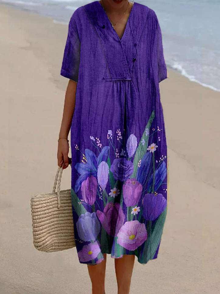 Women's Purple Colorblock Floral Print Casual Cotton And Linen Dress