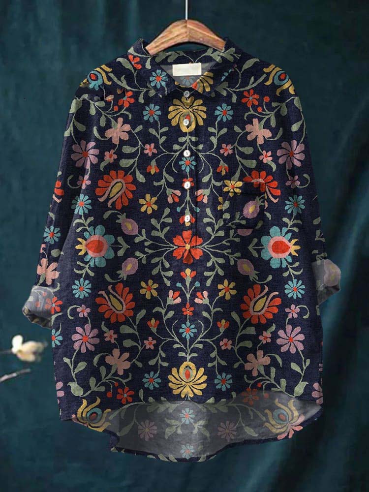 Women's Vintage Flower Art Print Casual Cotton And Linen Shirt