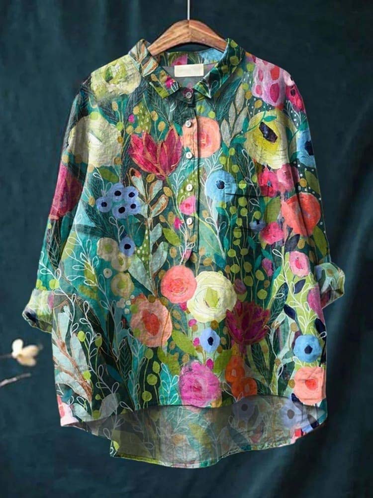 Women's Vintage Flower Print Casual Cotton And Linen Shirt