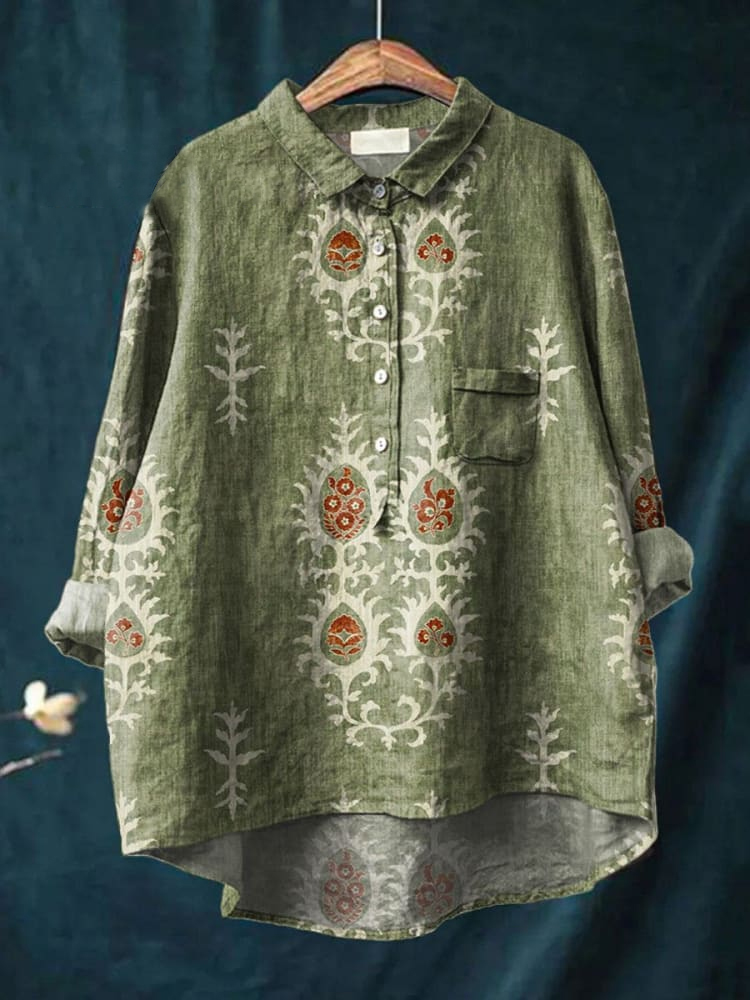 Women's Vintage Ethnic Floral Art Print Casual Cotton And Linen Shirt