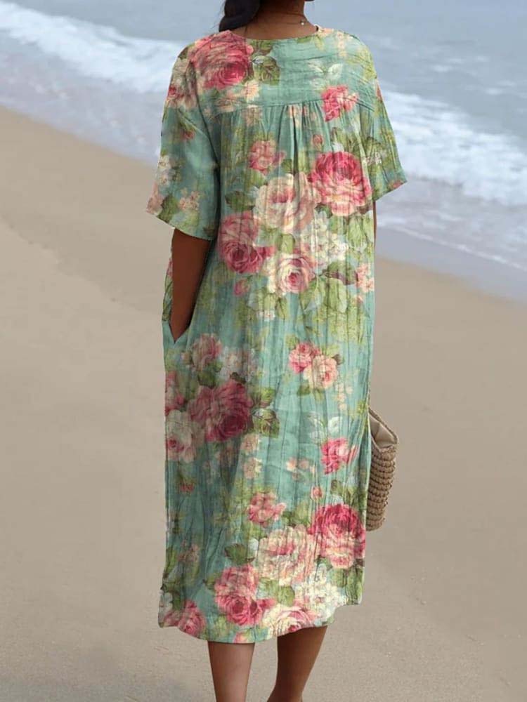 Women's Vintage Lovely Floral Art Print Casual Flowy Dress
