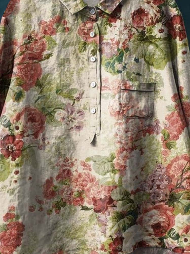 Women's Vintage Floral Art Print Casual Cotton And Linen Shirt