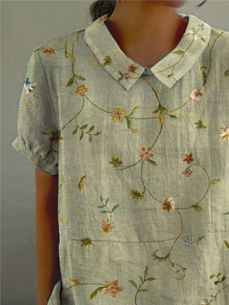 Women's Retro Floral Art Print Casual Cotton And Linen Shirt