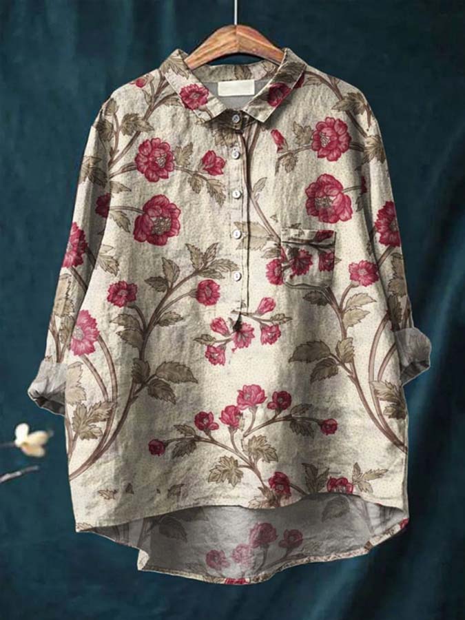 Women's Floral Art Print Casual Cotton And Linen Shirt