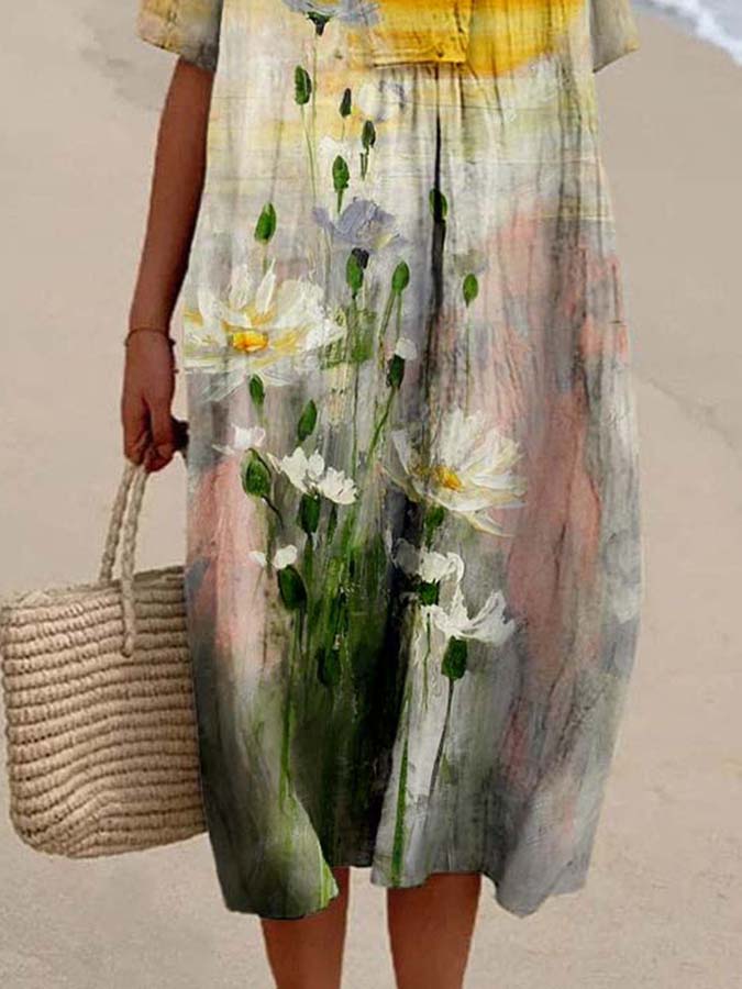 Women's Vintage Flower Oil Painting Print Casual Cotton And Linen Dress