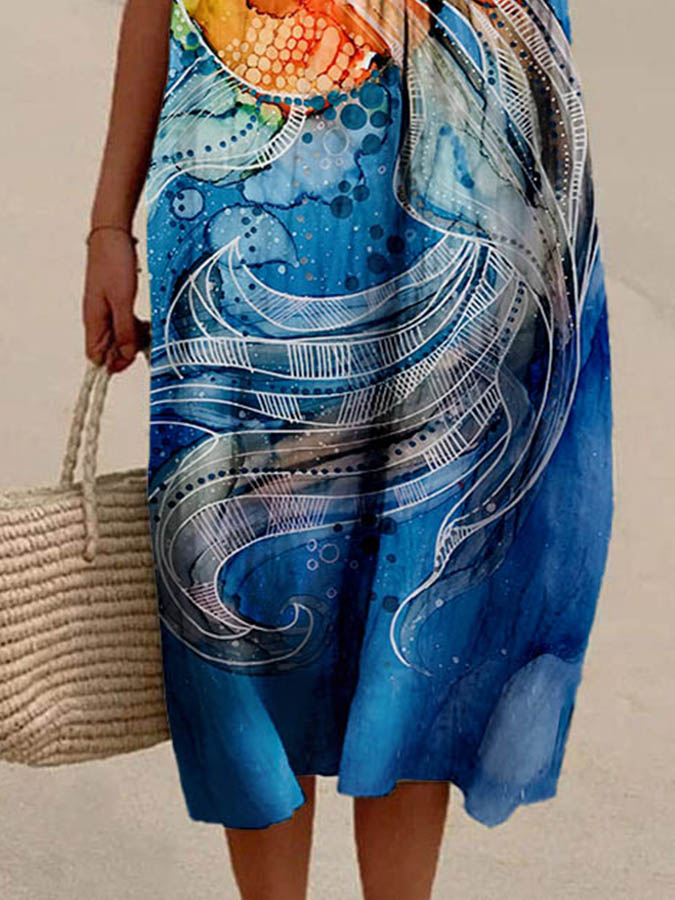 Women's Gradient Ocean Fish Print Casual Cotton And Linen Dress