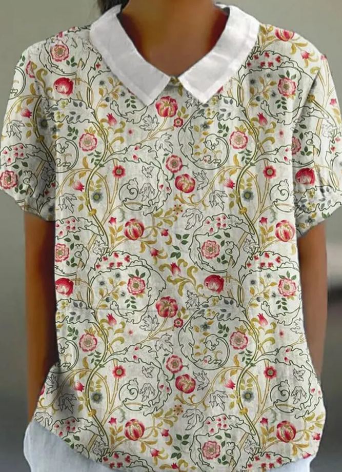Women's Flower Art Print Casual Cotton And Linen Shirt